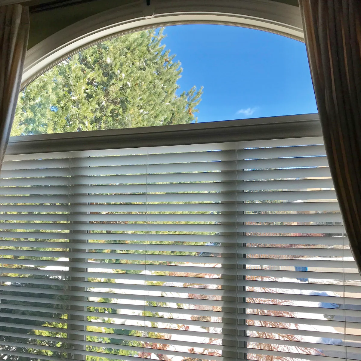 Hunter Douglas Parkland 2-inch real-wood blinds on a palladian window